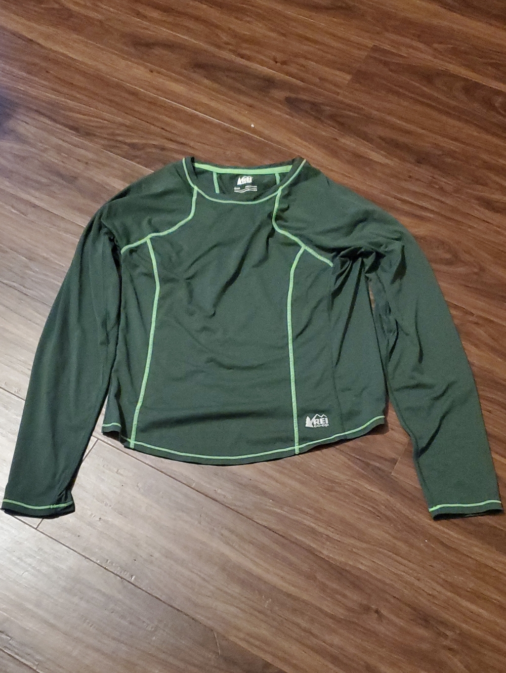 REI Forest Green Long-Sleeve Performance Top with Lime Trim